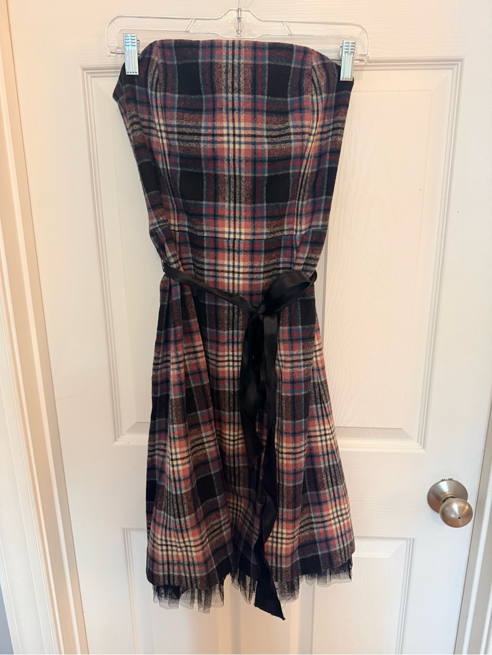 Tibi Strapless Plaid Dress in Navy and Red